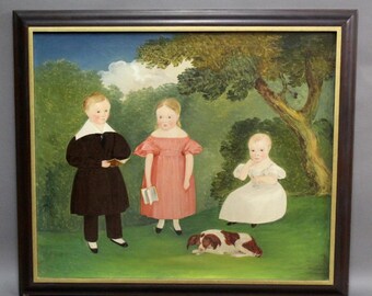 Rare flok art painting of 3 children and dog peter tillou