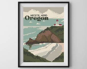 Vintage Heceta Head Lighthouse Cross Stitch Pattern - Travel Oregon (PDF Pattern)