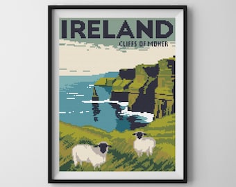 Vintage Travel Poster Cross Stitch Pattern – Ireland, Cliffs of Moher (PDF Download)