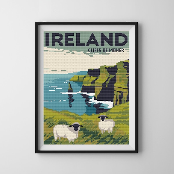 Vintage Travel Ireland, motif de point de croix - Falaises de Moher, motif de point de croix PDF à téléchargement immédiat. Modèle de point de croix pour l'Irlande