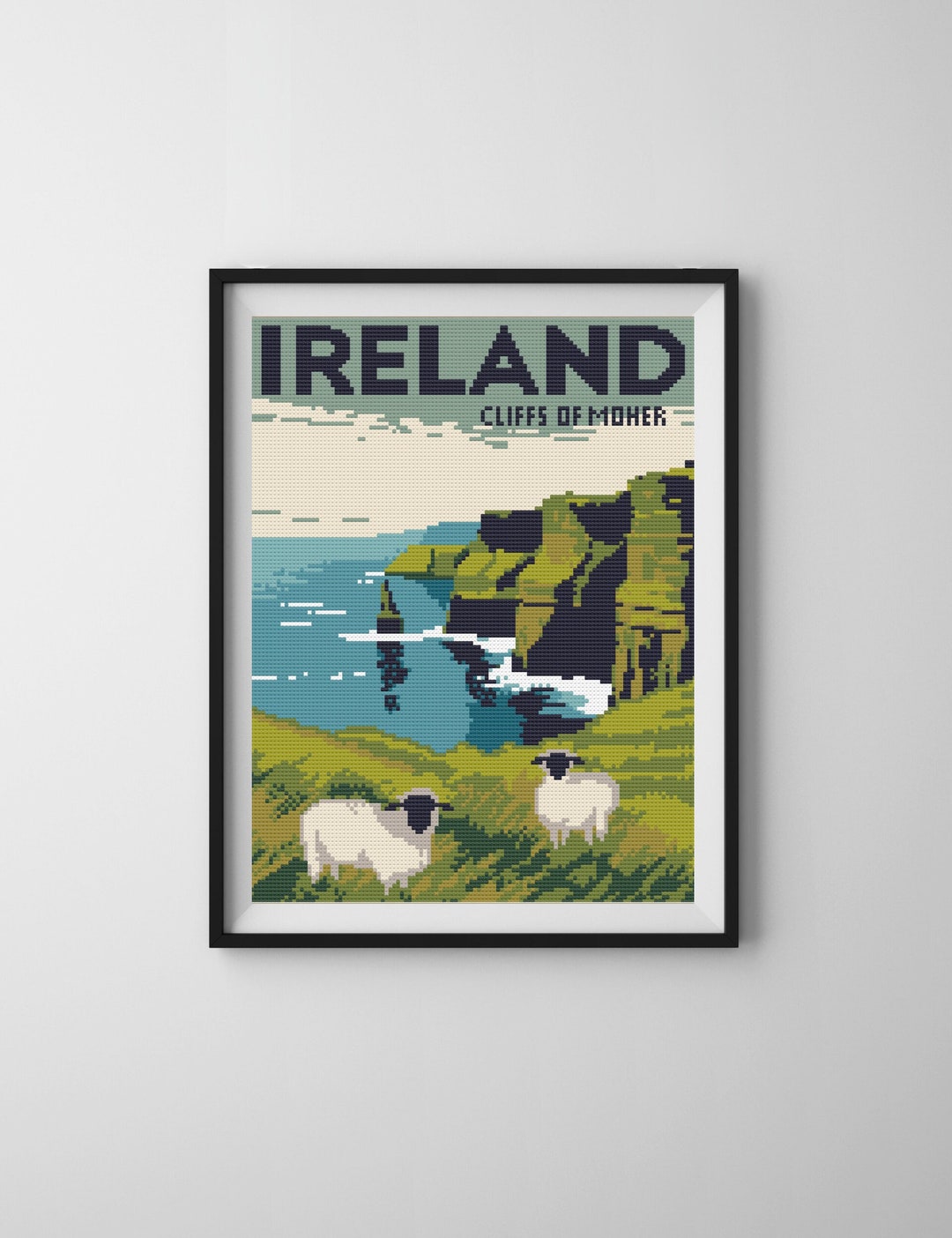 Vintage Travel Ireland Cross Stitch Pattern Cliffs of Moher Cross