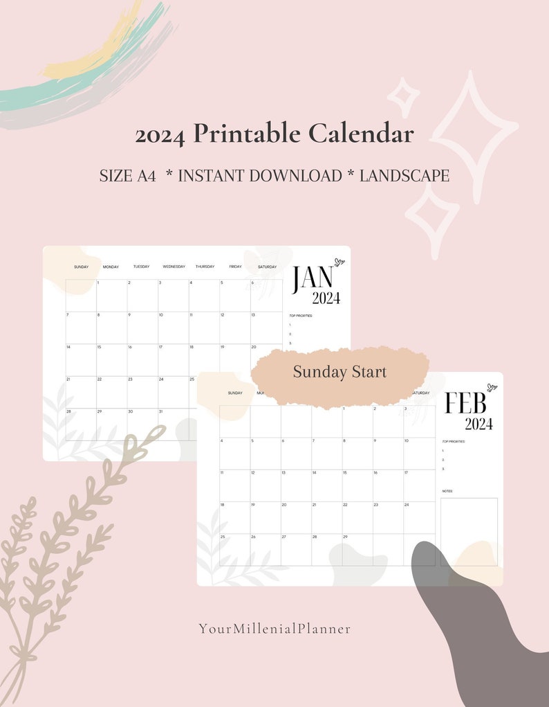 2024 Calendar Printable PDF A4 Landscape Minimalist Template Instant
