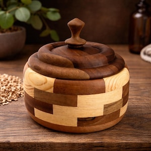Handmade Patchwork Wood Bowl with Lid – Walnut Pine Rustic Storage Jar