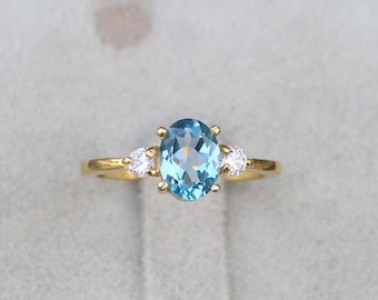 Oval Swiss Blue Topaz Engagement Ring, Gold Plated Sterling Silver promise gift