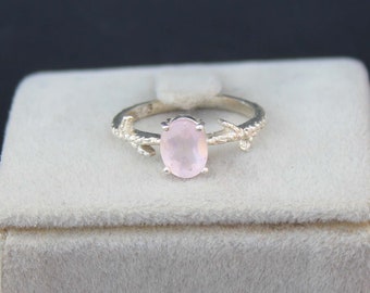 Rose Quartz Ring: Sterling Silver Twig Promise wedding vintage gift for women