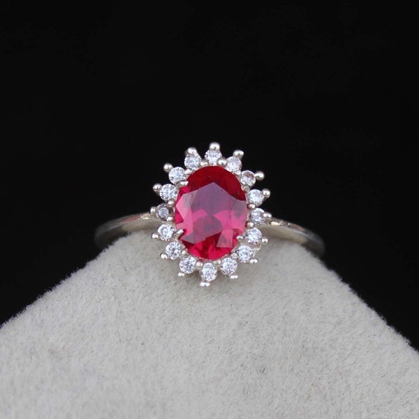 Lab Created Red Ruby Ring, Unique Anniversary Ring, Wedding Ring, Promise Ring, 925 Sterling Silver Ring, Statement Ring, Gift For Women  .