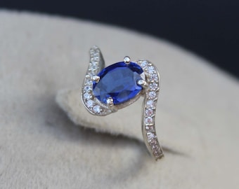 Vintage Sterling Silber Blauer Saphir Ring, Jahrestag Hochzeitsversprechen