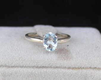 Aquamarine Ring, Dainty Oval Gemstone, Sterling Silver Solitaire