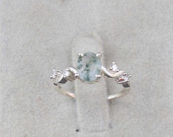 Oval Moss Agate Ring, Sterling Silver Victorian Promise wedding