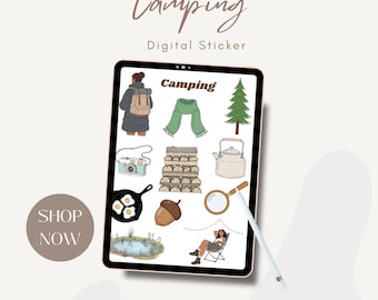 May include: A digital sticker sheet with camping-themed illustrations. The sheet includes images of a person with a backpack, a green scarf, a pine tree, a camera, a stack of firewood, a kettle, a magnifying glass, a frying pan with eggs, an acorn, and a pond.