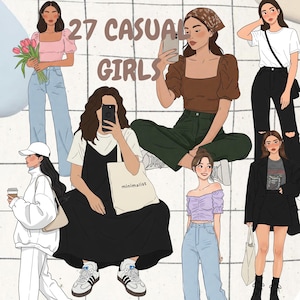 Flicka Clipart-klistermärken | Casual Fashion PNG (digital nedladdning)