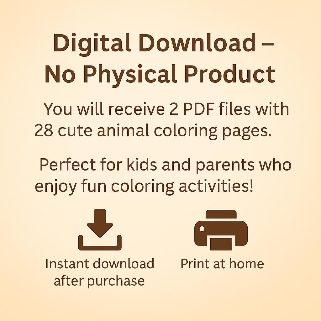 Cute Animals Coloring Book for Kids – 28 Printable Pages (PDF), Instant ...