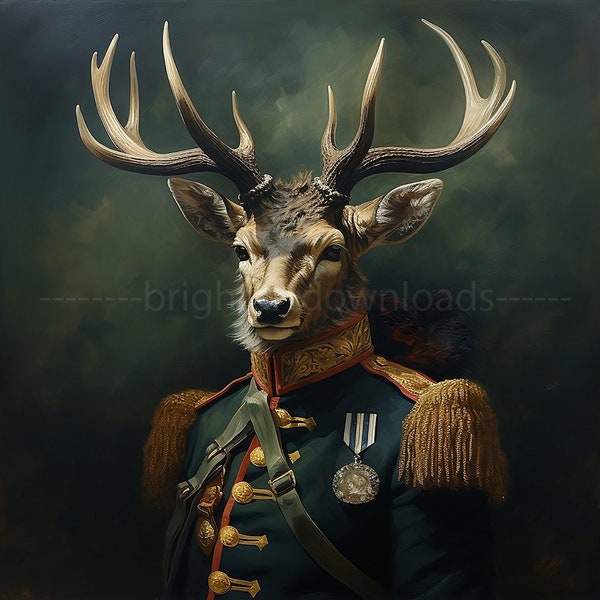 Stag Portrait - Military Animal Portrait- Renaissance Painting -Quirky Animal Portrait - Animal Military Uniform - Animal Officer Portrait