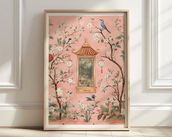 Pink Chinoiserie Floral Wall Art Print: Japanese Decor (Digital Download)