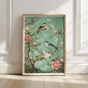 Green Chinoiserie Wall Art Birds Printable Wall Art Floral Trendy Posters Japanese Prints Digital Download
