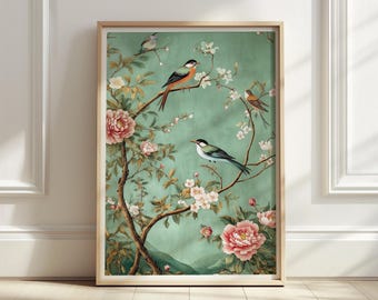 May include: A framed art print featuring a detailed illustration of birds perched on flowering branches. The artwork showcases a teal background with pink peonies and white blossoms. The birds have orange, green, and blue plumage.