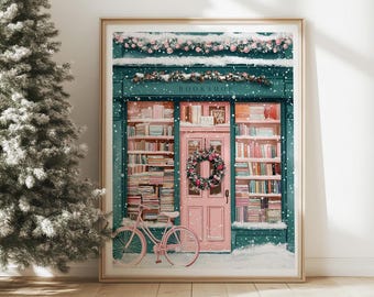 Pink Christmas Bookshop Print: Coquette Holiday Wall Art (Digital Download)