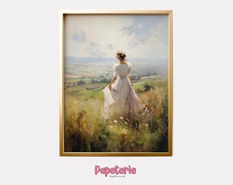 Vintage Woman in Wildflower Field Print Vintage Spring Wall Art Moody Spring Print Farmhouse Print Neutral Wall Art Wildflower
