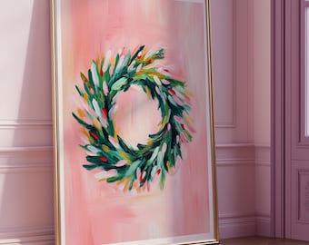 Pink Christmas Wreath Art Print: Trendy Holiday Decor (Digital Download)