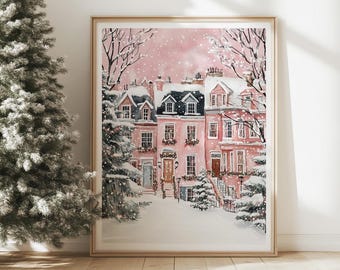Pink Christmas Townhouse Print: Trendy Holiday Wall Art (Digital Download)