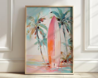 May include: A painting of a pink and orange surfboard standing in the water with palm trees in the background.