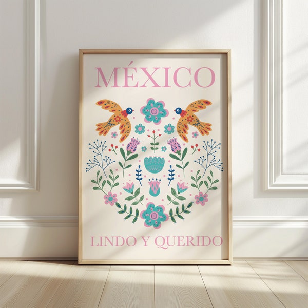 Lámina floral mexicana: Decoración rosa para sala de estar (descarga digital)