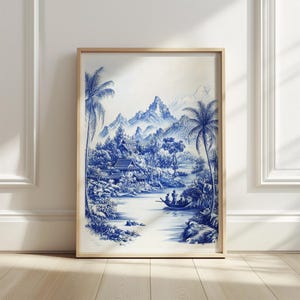 Japanese Village Chinoiserie Wall Art Blue Printable Wall Art Trendy Posters Chinoiserie Prints Digital Download