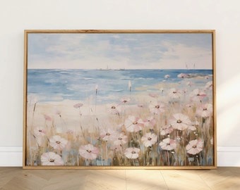 Vintage Coastal Floral Painting: Beach Seascape Art (Digital Download)