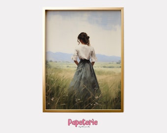 Vintage Woman in Wildflower Field Print Vintage Spring Wall Art Moody Spring Print Farmhouse Print Neutral Wall Art Wildflower