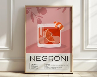 Negroni Cocktail Recipe Art Print: Vintage Bar Cart Decor (Digital Download)