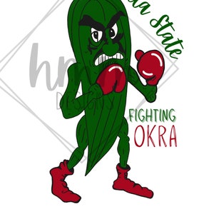 May include: A green okra cartoon character wearing red boxing gloves and red boots. The character has an angry expression and is labeled "Fighting Okra" and "Delta State".
