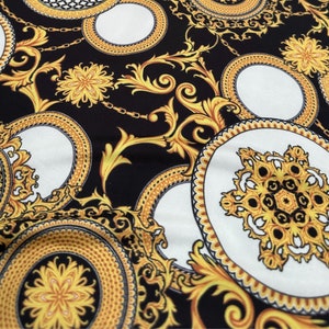 Gold Black Baroque Pattern Lycra Fabric, Gift Fabric, Printed Fabric, Luxury Fabric, Colorful Fabric, Shimmer Fabric, Stretch Fabric