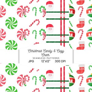 May include: A festive seamless pattern featuring Christmas candy, candy canes, Santa faces, ornaments, and stockings in red, green, and white. The pattern includes the text "Christmas Candy & Cozy Cheer" and the dimensions 12"x12".