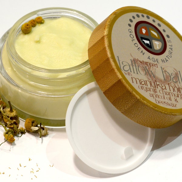 Whipped Tallow & Manuka Honey Balm, Chamomile Tallow Balm, Grass-Fed Tallow Balm with Apricot Oil and Beeswax, Natural Moisturizer 3.3oz