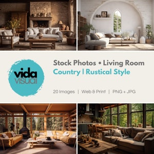 Könnte beinhalten: Eine Sammlung von Stockfotos, die rustikale Wohnzimmer mit verschiedenen Möbelanordnungen zeigen, darunter Sofas, Stühle und Couchtische. Die Räume sind mit natürlichen Elementen wie Holz und Stein dekoriert und verfügen über große Fenster, die natürliches Licht hereinlassen. Die Fotos eignen sich perfekt für die Verwendung in Designprojekten, Websites und sozialen Medien.