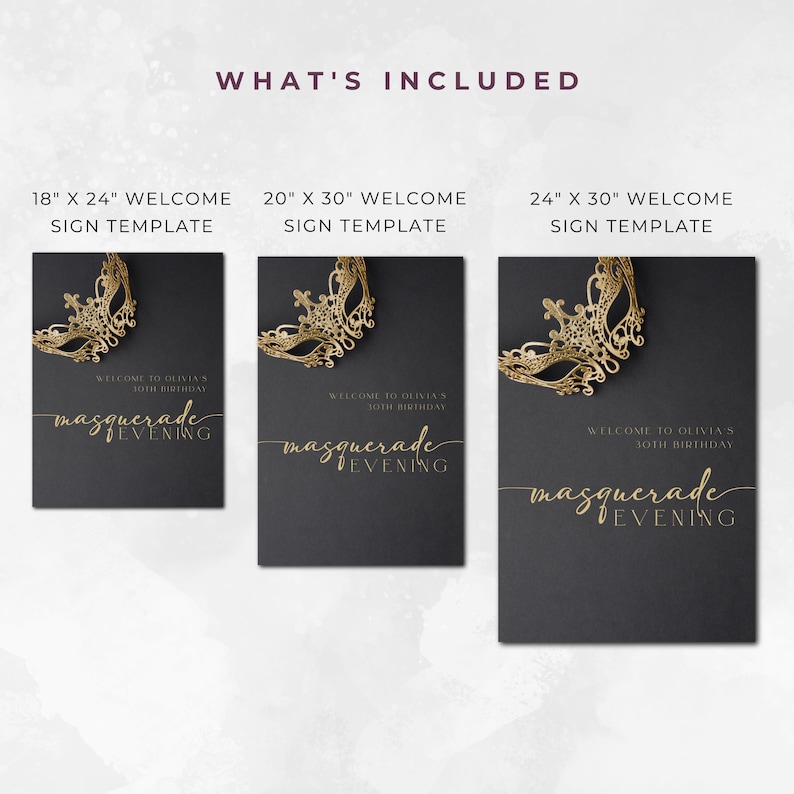 Black Gold Masquerade Party Welcome Sign Template INSTANT DOWNLOAD Mask ...