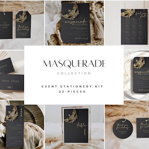 Black Gold Masquerade Event Decor Template Bundle INSTANT DOWNLOAD Masked Ball, Masquerade Prom Halloween Masked NYE Party, Stationery Suite