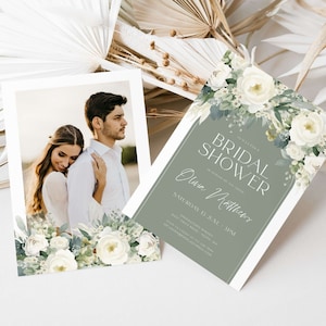 Sage Green Soft Floral Arch Bridal Shower Printable Invitation Template INSTANT DOWNLOAD Editable, Double Sided, Mobile Evite, Spring Garden