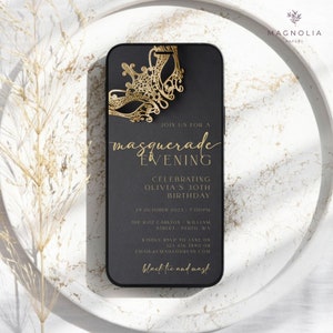Black Gold Masquerade Party Mobile Invitation, Masquerade Theme Birthday, Digital Phone Invite, Woman Masquerade, Prom, Halloween Party, NYE