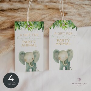 Wild One 1st Birthday Favor Tag Template, Safari Animals Thank You Label, Kids First Birthday Party EDITABLE DIY Turns One Elephant Gift Tag