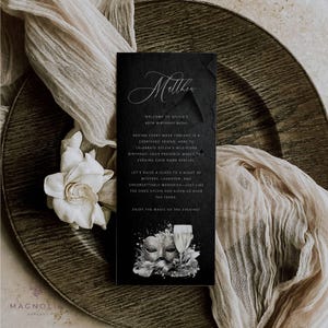 Black White and Silver Masquerade Champagne Dinner Personalized 4&quot;x9&quot; Placecard Template, DIY Printable, Masquerade Birthday Party Prom NYE