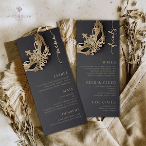 Black Gold Masquerade Party Menu Template INSTANT DOWNLOAD Dinner Menu Drinks Menu, Masked Ball, Masquerade Prom, Halloween Masked NYE Party