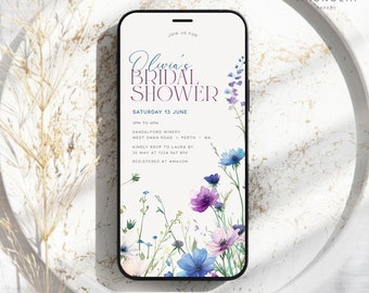 May include: A digital invitation for a bridal shower for Olivia. The invitation features a watercolour floral design with blue, purple, and pink flowers. The text on the invitation reads "Olivia's Bridal Shower" and includes the date, time, location, and RSVP information.