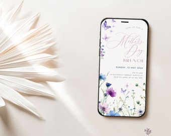 May include: A digital invitation for a Mother's Day brunch with a watercolour floral design featuring purple, blue and white flowers and butterflies. The text reads "Join us for a Mother's Day Brunch, Sunday, 12 May 2024, 1PM to 4PM, 123 Butterfly Terrace, Fairyville, RSVP to Laura at 123 456 7890, Magnolia Papery".
