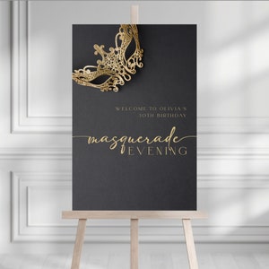 Black Gold Masquerade Party Welcome Sign Template INSTANT DOWNLOAD Mask Birthday Party, Masked Ball, Masquerade Prom, Halloween Party Poster