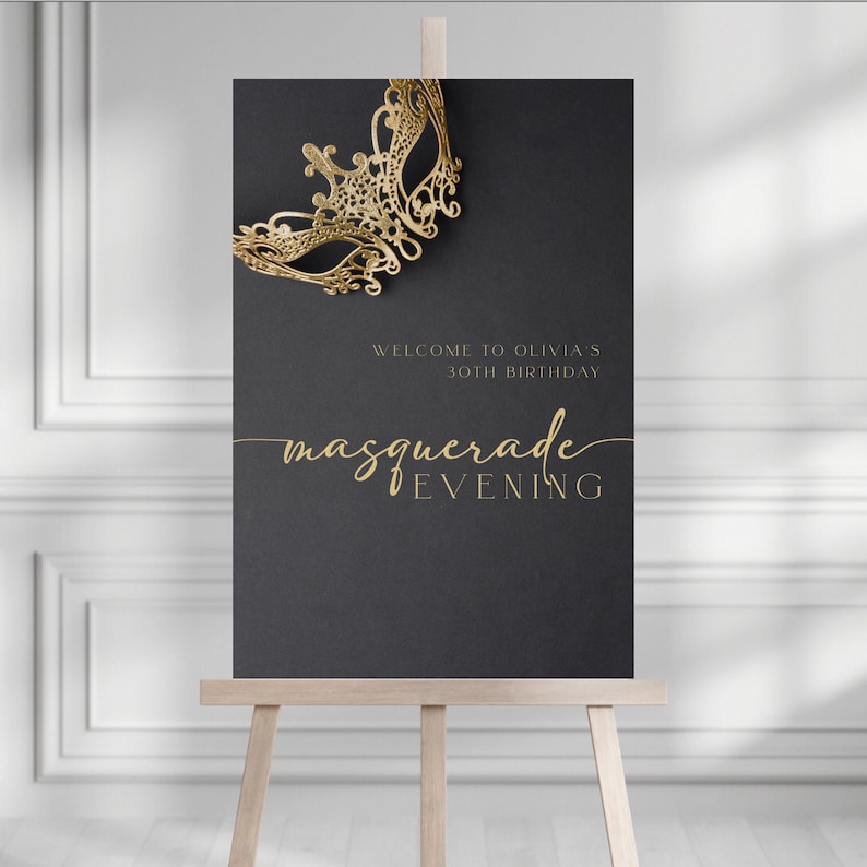 Black Gold Masquerade Party Welcome Sign Template INSTANT DOWNLOAD Mask ...
