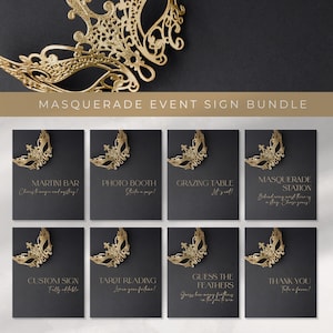 Black Gold Masquerade Party Sign Template Bundle INSTANT PRINTABLE Masquerade Birthday, Prom, Ball, Halloween, NYE, Editable Signage Posters