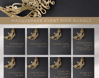 Black & Gold Masquerade Party Signage: Editable Template Bundle