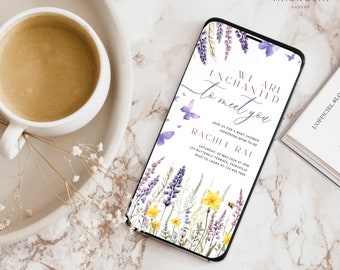 May include: A purple, yellow and green floral design with butterflies on a white background. The text "We are enchanted to meet you" is written in a cursive font. The text "Join us for a baby shower honouring mom-to-be Rachli Rai" is written in a black font. The text "Saturday, 30 May 2024 at 3pm 123 Butterfly Terrace, Fairyville RSVP to Laura at 123 455 7830" is written in a black font.