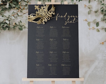 Black & Gold Masquerade Seating Chart Sign Template (Instant Download)